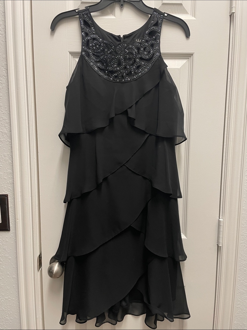 S.L. Fashions Black Beaded Yoke Tiered Chiffon Midi Dress